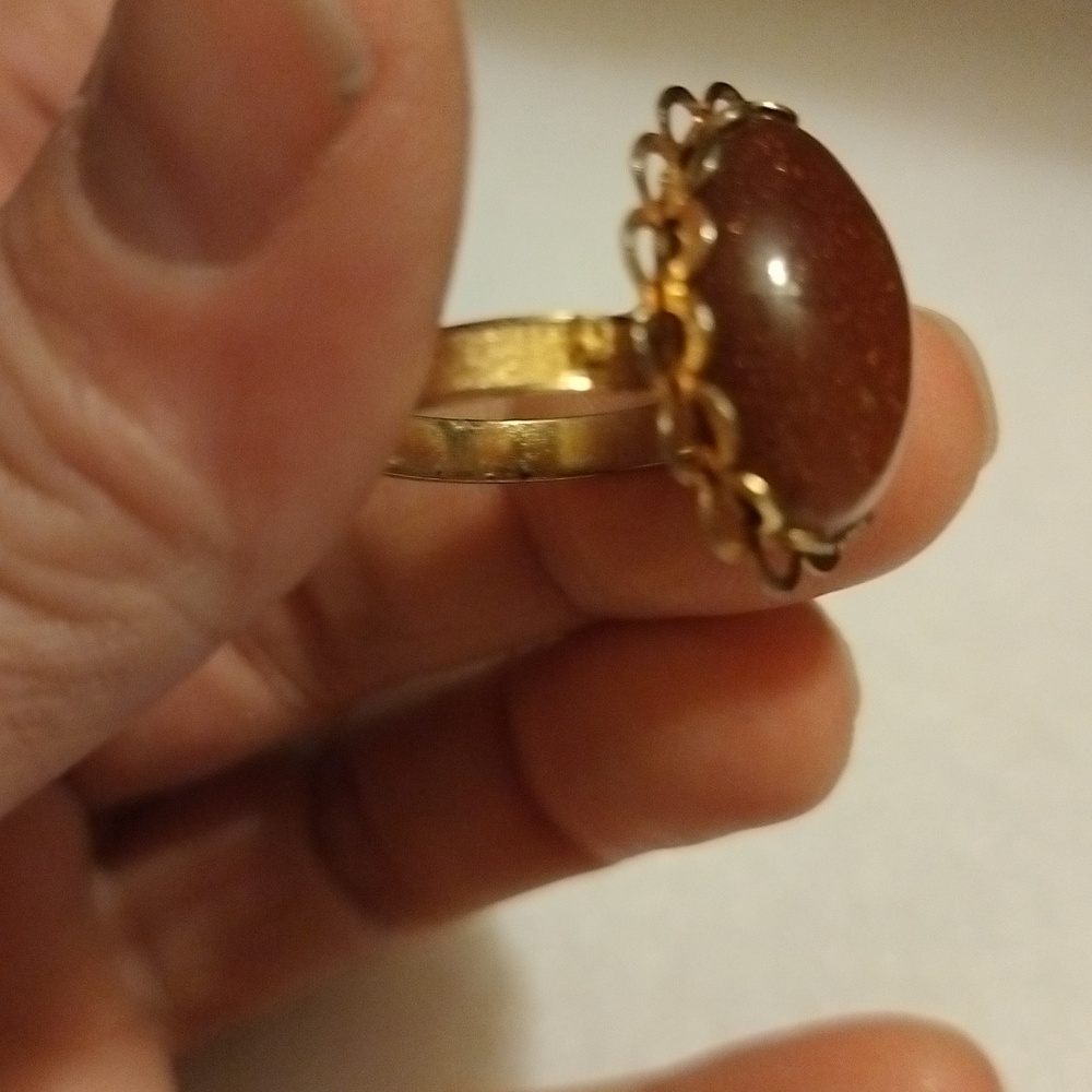 Vintage Czech Sand Stone Set In Gold Tone Filagree Adjustable Band Marked - Picture 7 of 12
